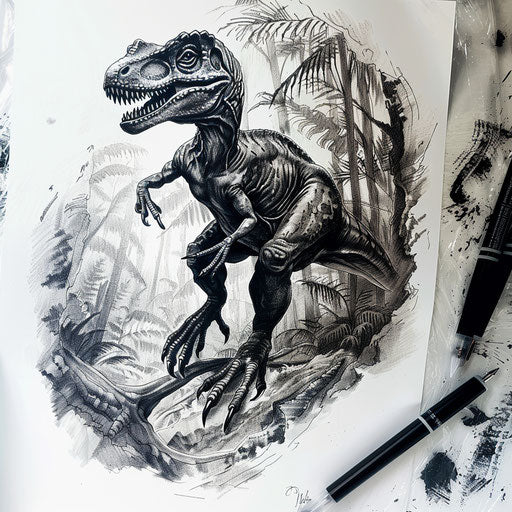 Shadowy velociraptor tattoo in a forest