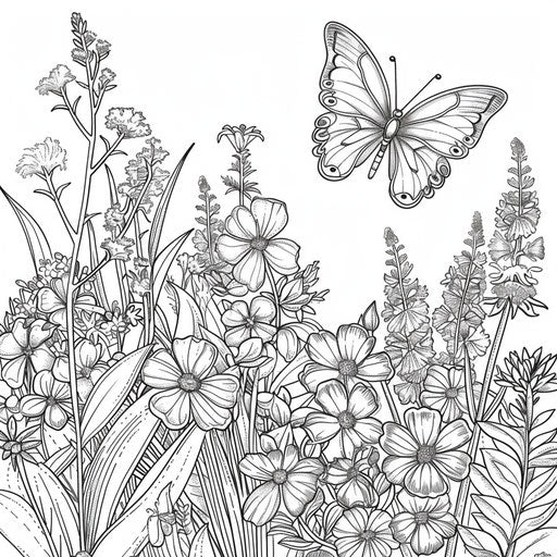 Detailed illustration of a butterfly garden with various flowers