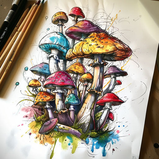 Whimsical mushroom forest from Alice in Wonderland as colorful tattoo on white paper