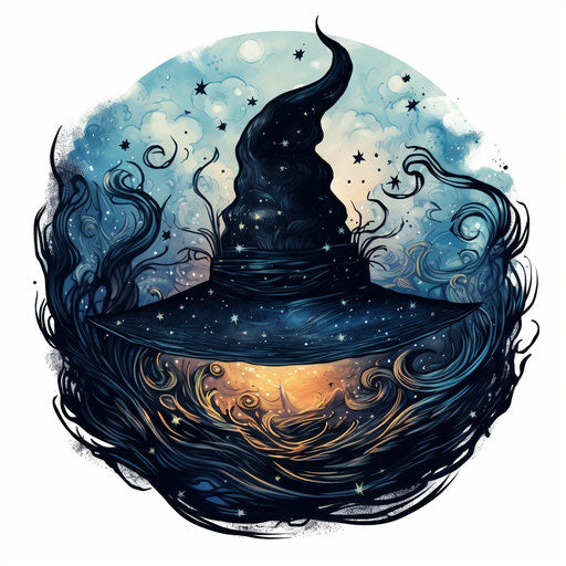 Flying witch hat with stars, roa style