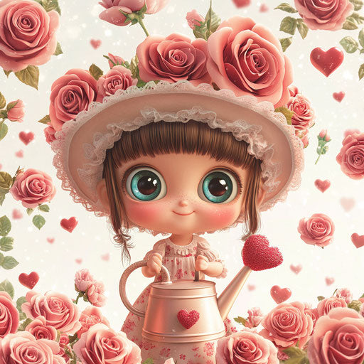 Cute digital illustration with roses and girl in watering can hat