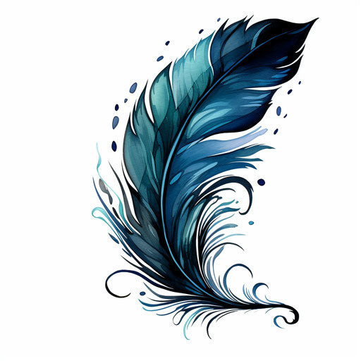 Black and blue feather on white background, colorful fantasy realism