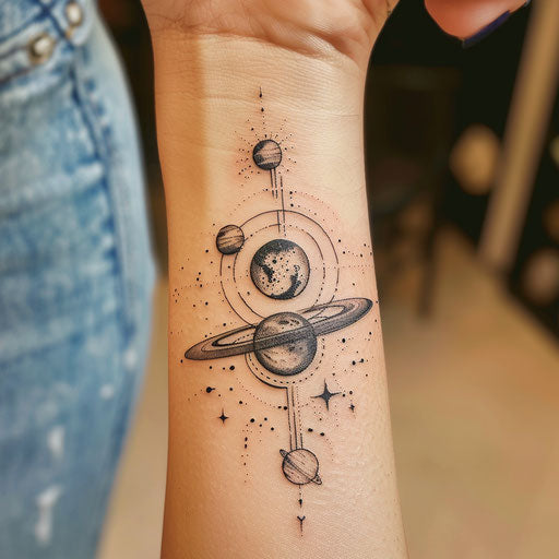 Sketch of a celestial galaxy with planets and stars for wrist coverup tattoo for women
