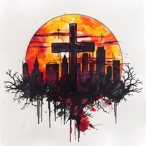 Artistic flat tattoo sketch of Cruz against sunset skyline
