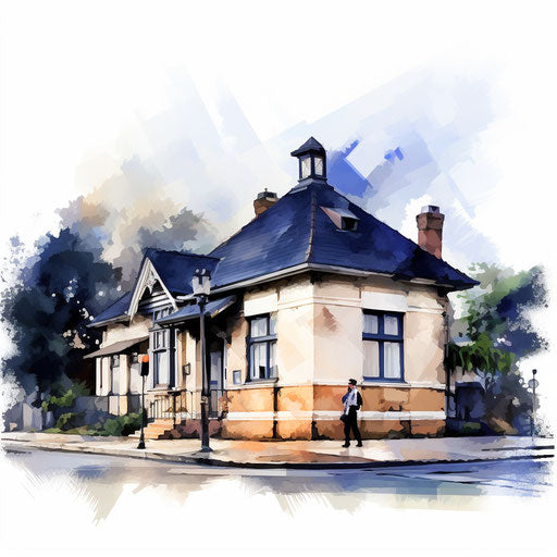 Police station illustration in the style of Impressionistic Art
