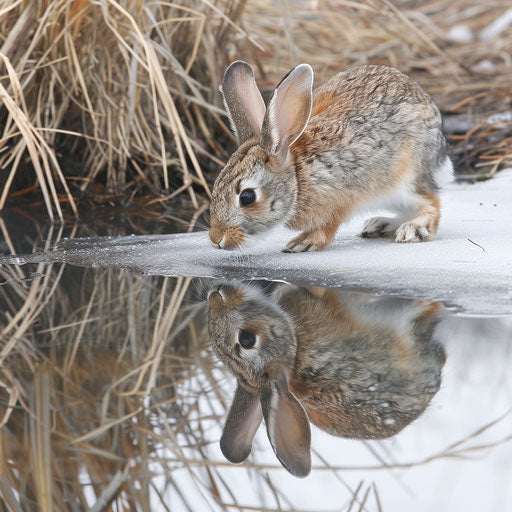 Caution as a rabbit nears a frozen pond, reflection on the ice