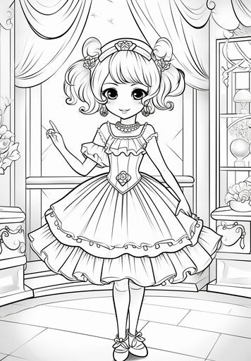 Ballet girl coloring page, dolly kei style, cartoony, realistic, dansaekhwa, goosepunk