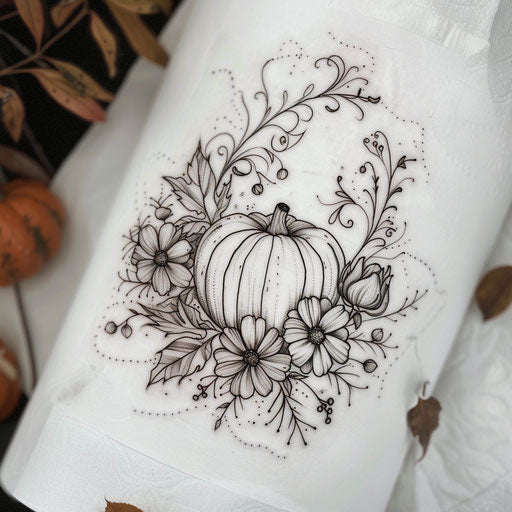 Elegant tattoo sketch of a pumpkin surrounded by delicate floral motifs in soft hues