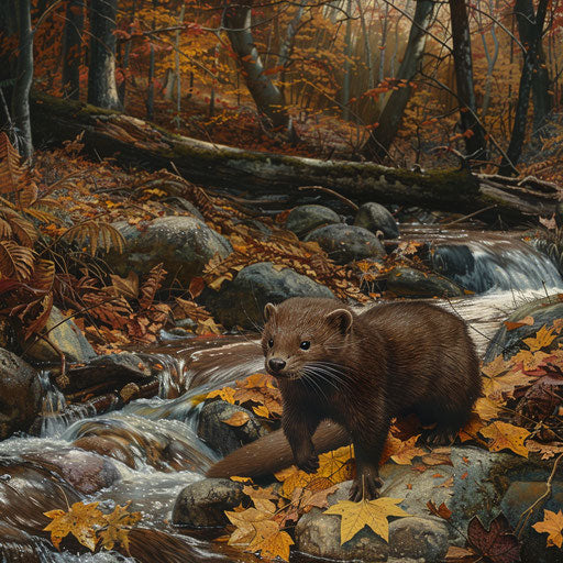 A wild mink frolicking among autumn leaves by a gentle forest stream