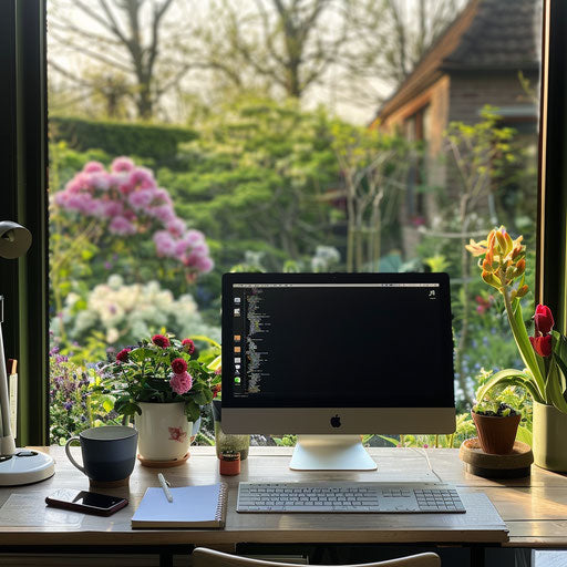 Tidy workspace with computer, notepad, and view of blooming garden