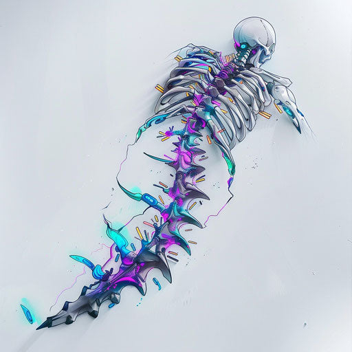 Cyberpunk mechanical spine tattoo with neon highlights