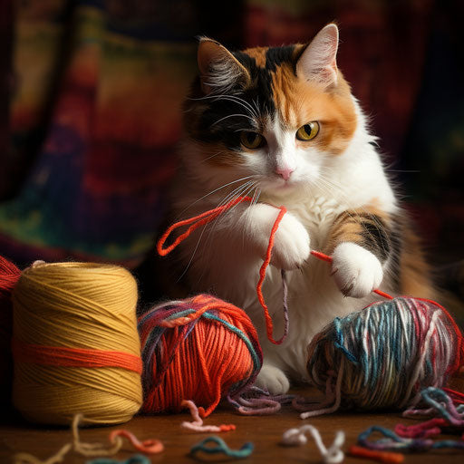 Calico cat playing with yarn