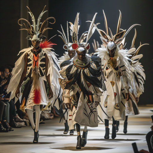 Fashion show with gazelles modeling avant-garde, nature-inspired outfits