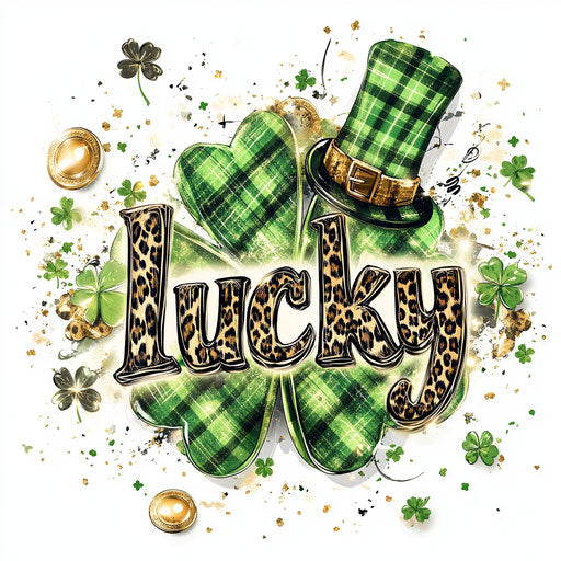 Glitter shamrock with leopard and plaid, word 'lucky'