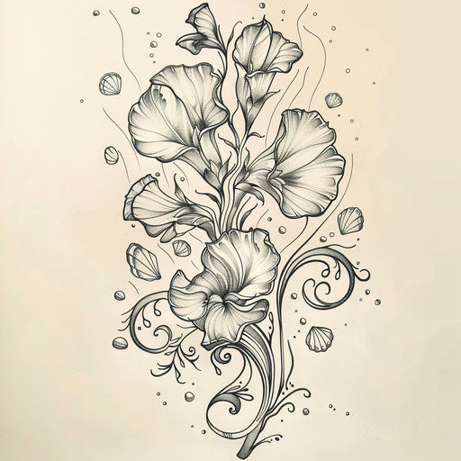 Nautical tattoo sketch of a sweet pea with waves and seashells