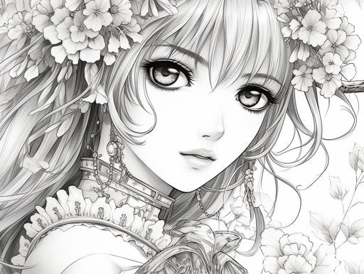 Anime girl coloring pages for girls, realistic detail style