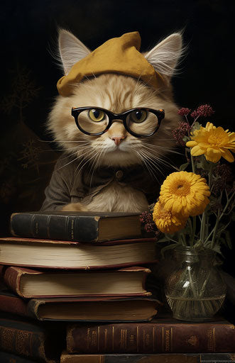The cat with glasses, hat, and book