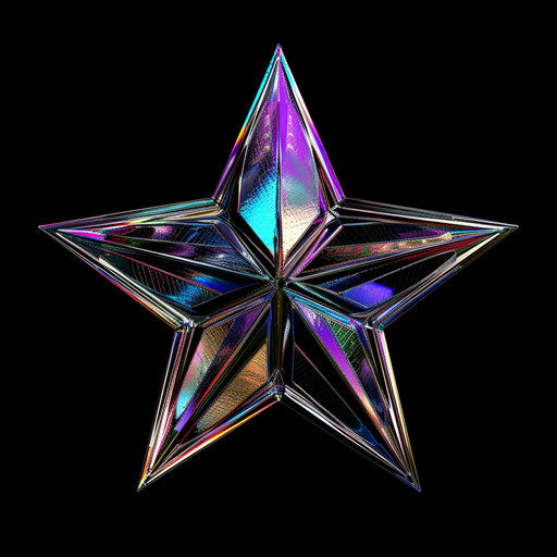 Shining star, transparent background png clipart, vibrant postmodern style, silver and black, psychedelic surrealism, holographic art