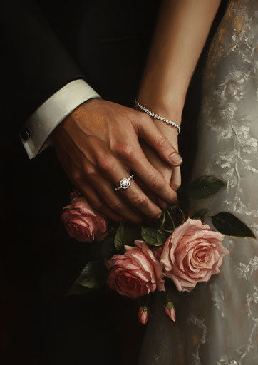 Roses and rings in a romantic oil painting