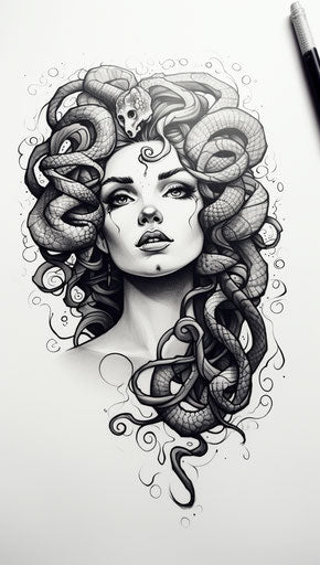 Tattoo creation with medusa ink, queercore style, monochromatic serenity, cobra, wiccan, womancore