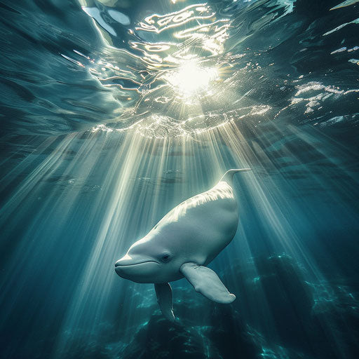 Beluga in crystal-clear waters with rays of sunlight