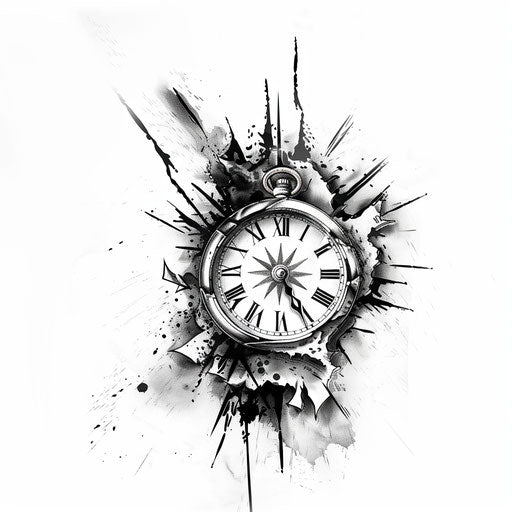 Black and white tattoo design of compass and clock on white background