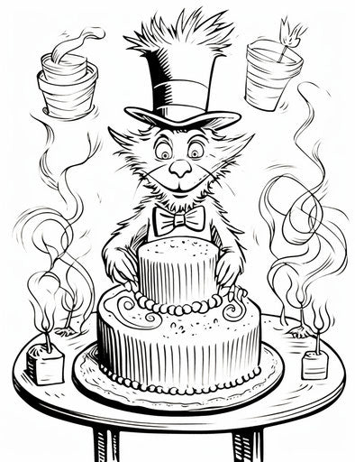 Happy birthday Dr Seuss coloring page, line drawing style, printmaking 24:31