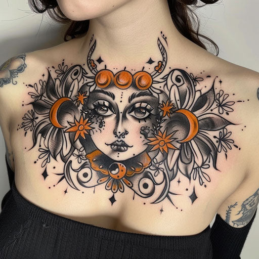 Cosmic chest tattoo for women with celestial elements