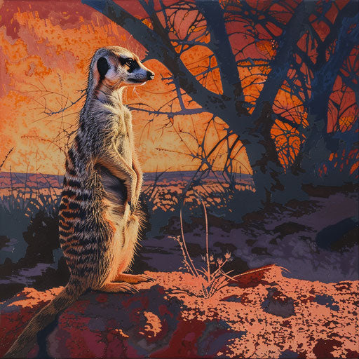 Meerkat at dusk, warm evening colors and intricate shadows