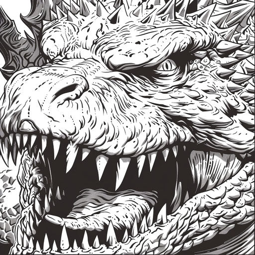 Detailed close-up of Godzilla's face with sharp teeth
