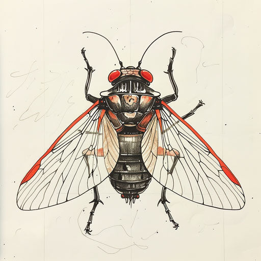 Bold cicada tattoo sketch with strong black outlines and flat red accents, clipart design