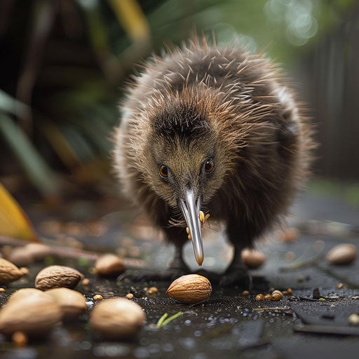 A playful kiwi bird interacting with its environment