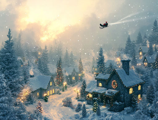Christmas village with Santa Claus flying over houses