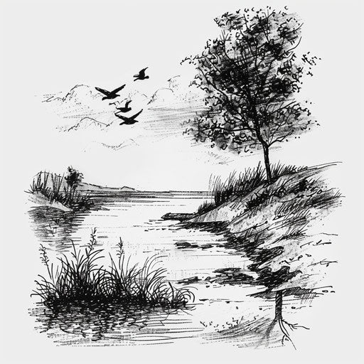 Serene nature tattoo landscape on white canvas