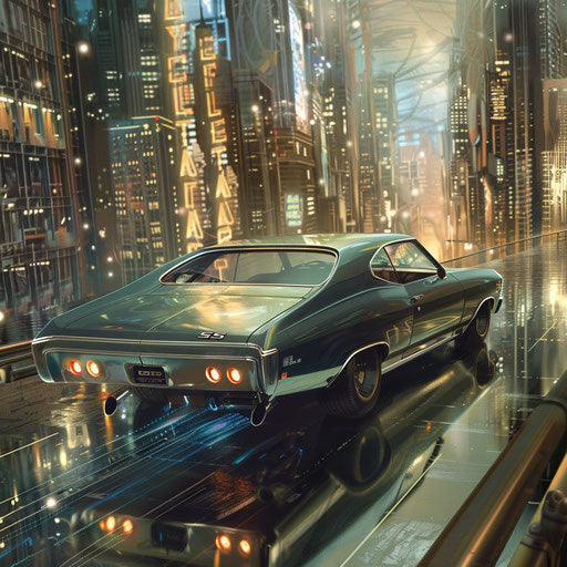 Chevrolet Chevelle SS 1969 converted to futuristic electric vehicle in modern metropolis