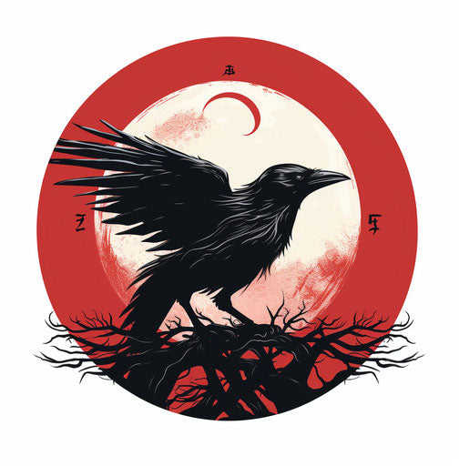 Crow logo for witchcraft or faerie wolf symbol on red moon
