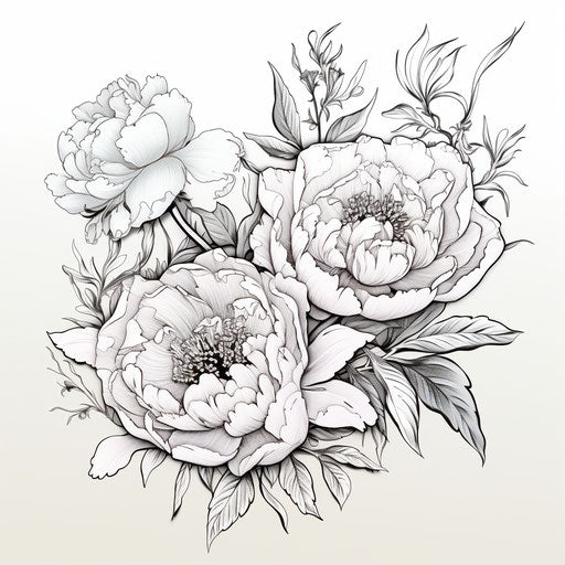 Black and white peony doodle, strong linear elements