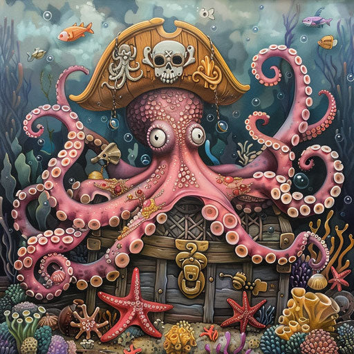 Octopus in pirate hat guarding sunken treasure chest