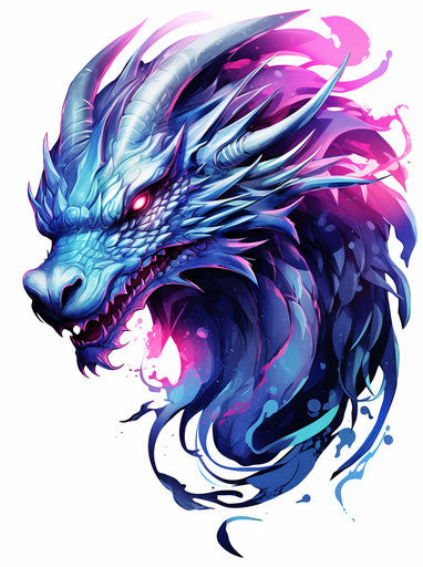 Korean dragon on white background, dark azure and pink style