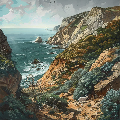Steep cliffs overlooking the ocean, white tail rabbit