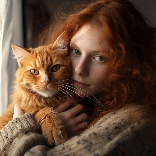 Ginger cat held by its owner
