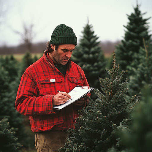 A Christmas tree farmer inspects his trees