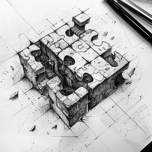 Dynamic sketch of a mystery cube in flat tattoo