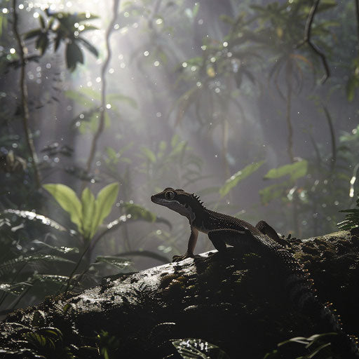 Gecko lizard in misty rainforest morning