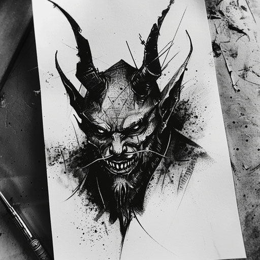 Black and white devil tattoo design, deep textured decoration