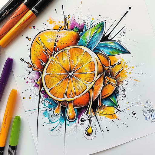 Vibrant flat tattoo sketch of a lemon with juice droplets
