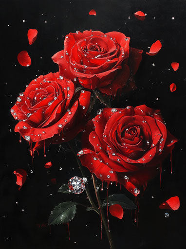 Three red roses with water droplets and diamonds, on a black background, with red rose petals. 29:39