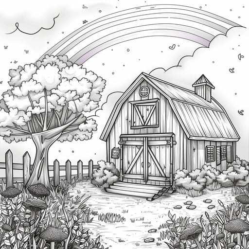 Whimsical barn with a rainbow in the sky