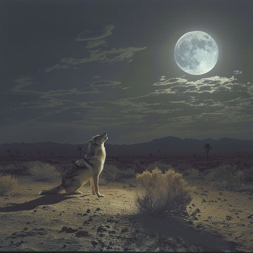 Howling coyote under a full moon in a haunting landscape