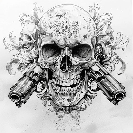 Sketch of a Chicano art skull with crossed pistols